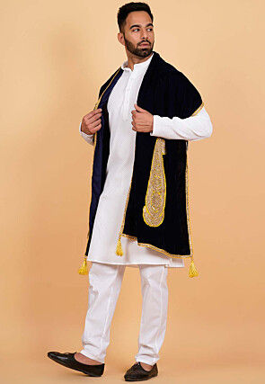 Embroidered Velvet Men Dupatta in Navy Blue