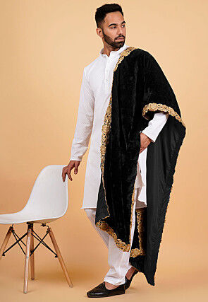 Embroidered Velvet Mens Dupatta in Black