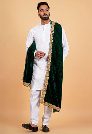 Embroidered Velvet Mens Dupatta in Dark Green