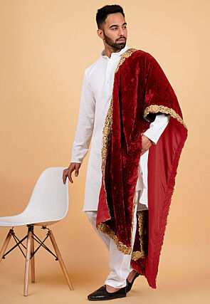 Embroidered Velvet Mens Dupatta in Maroon