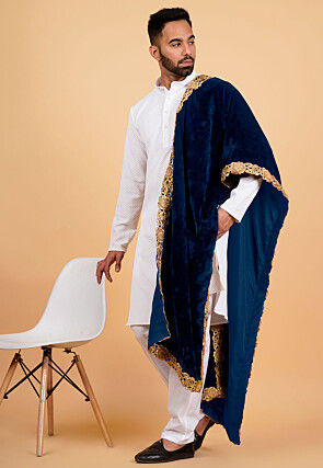 Embroidered Velvet Mens Dupatta in Teal Blue