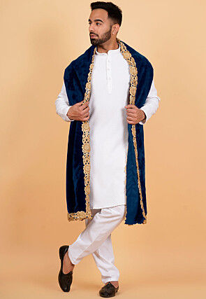 Embroidered Velvet Mens Dupatta in Teal Blue