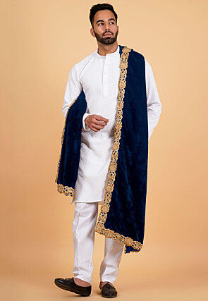 Embroidered Velvet Mens Dupatta in Teal Blue