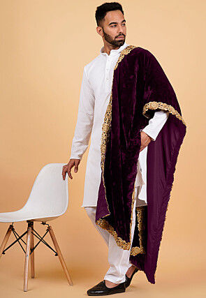 Embroidered Velvet Mens Dupatta in Wine