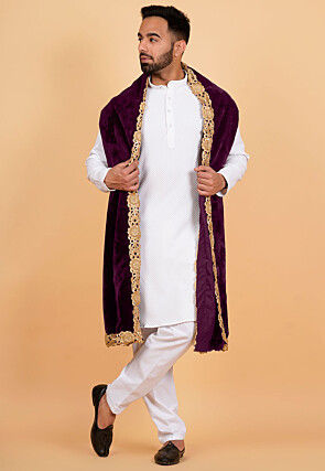 Embroidered Velvet Mens Dupatta in Wine