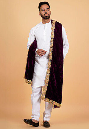 Embroidered Velvet Mens Dupatta in Wine