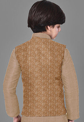 Embroidered Velvet Nehru Jacket in Beige