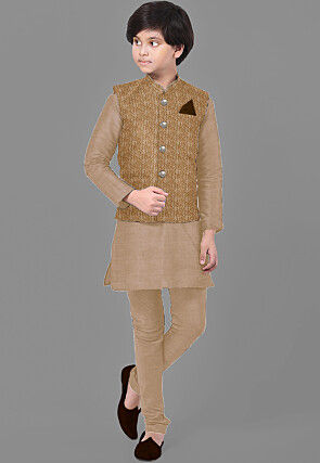 Embroidered Velvet Nehru Jacket in Beige