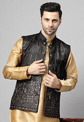 Embroidered Velvet Nehru Jacket in Black