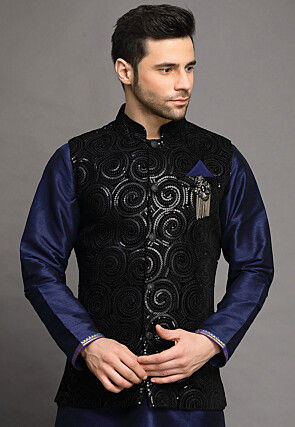 Embroidered Velvet Nehru Jacket in Black