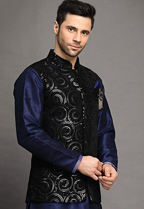 Embroidered Velvet Nehru Jacket in Black