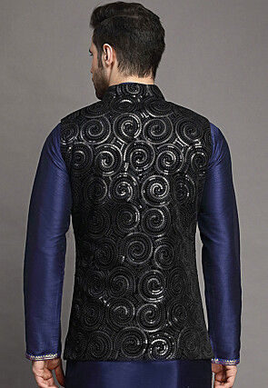 Embroidered Velvet Nehru Jacket in Black