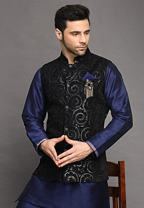 Embroidered Velvet Nehru Jacket in Black