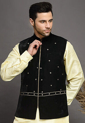 Embroidered Velvet Nehru Jacket in Black