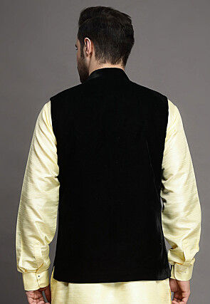Embroidered Velvet Nehru Jacket in Black