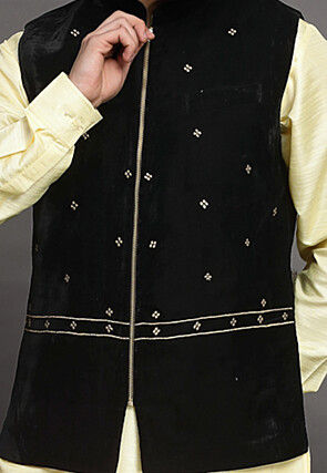 Embroidered Velvet Nehru Jacket in Black