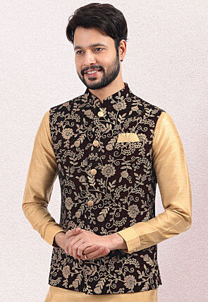 Embroidered Velvet Nehru Jacket in Maroon