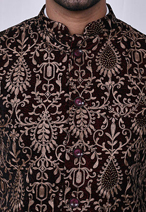 Embroidered Velvet Nehru Jacket in Maroon
