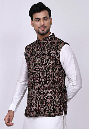 Embroidered Velvet Nehru Jacket in Maroon