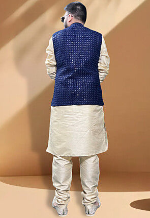 Embroidered Velvet Nehru Jacket in Navy Blue