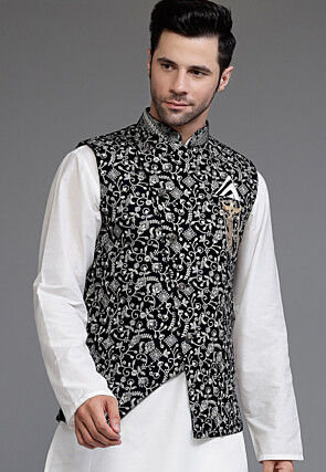 Embroidered Velvet Nehru Jacket in Navy Blue