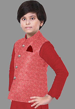 Embroidered Velvet Nehru Jacket in Red