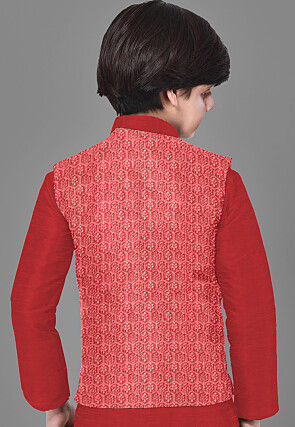 Embroidered Velvet Nehru Jacket in Red