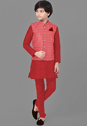 Embroidered Velvet Nehru Jacket in Red