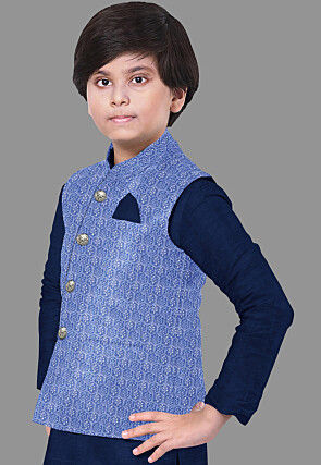 Embroidered Velvet Nehru Jacket in Sky Blue