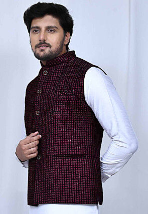 Embroidered Velvet Nehru Jacket in Wine