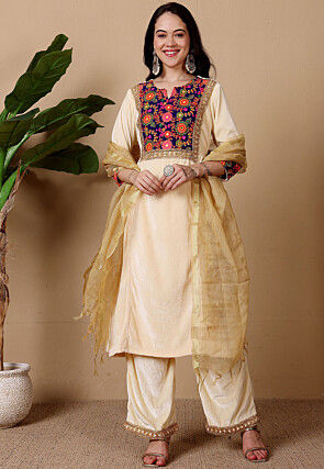 Embroidered Velvet Pakistani Suit in Beige