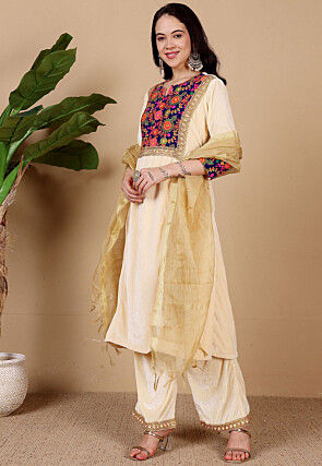 Embroidered Velvet Pakistani Suit in Beige