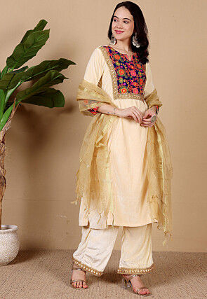 Embroidered Velvet Pakistani Suit in Beige