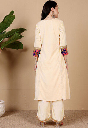 Embroidered Velvet Pakistani Suit in Beige