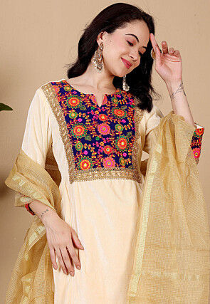 Embroidered Velvet Pakistani Suit in Beige