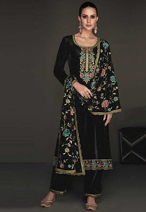 Embroidered Velvet Pakistani Suit in Black