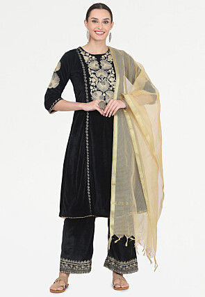 Embroidered Velvet Pakistani Suit in Black