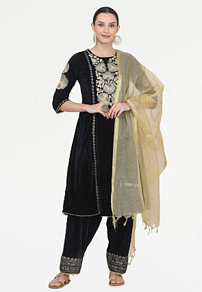 Embroidered Velvet Pakistani Suit in Black