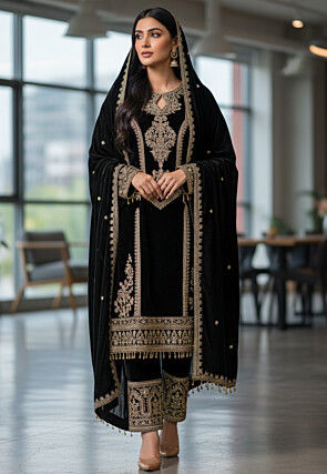 Embroidered Velvet Pakistani Suit in Black
