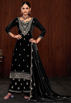 Embroidered Velvet Pakistani Suit in Black