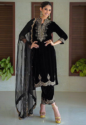 Embroidered Velvet Pakistani Suit in Black