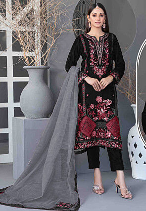 Embroidered Velvet Pakistani Suit in Black