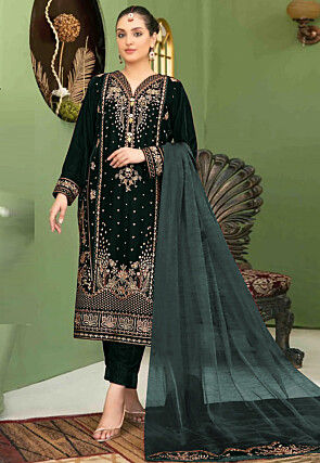 Embroidered Velvet Pakistani Suit in Black