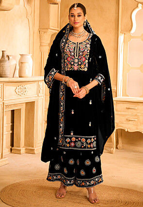 Embroidered Velvet Pakistani Suit in Black