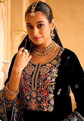 Embroidered Velvet Pakistani Suit in Black