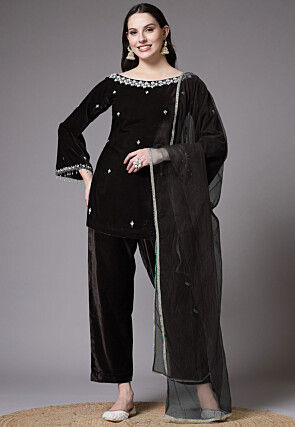 Embroidered Velvet Pakistani Suit in Black