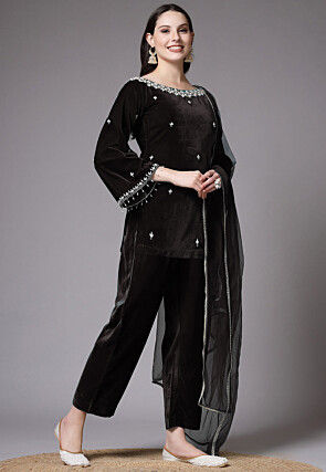 Embroidered Velvet Pakistani Suit in Black