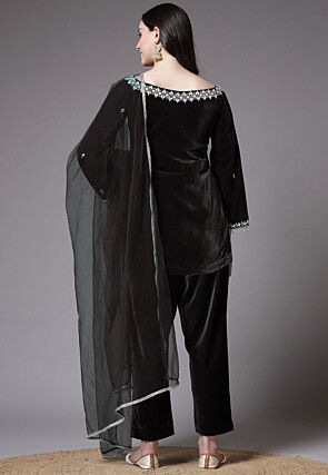 Embroidered Velvet Pakistani Suit in Black