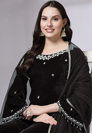 Embroidered Velvet Pakistani Suit in Black