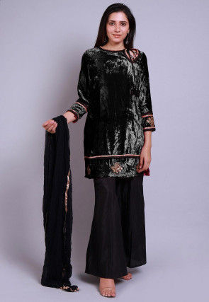 Embroidered Velvet Pakistani Suit in Black